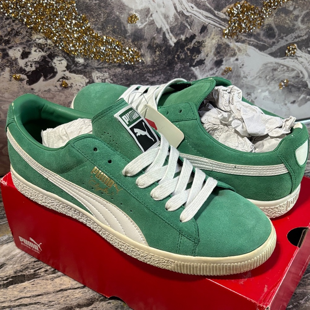 Puma Classic Green and White Suede Sneakers